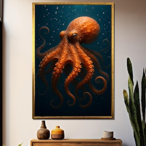 Octopus Underwater Wall Art, Realistic Marine Life Canvas, Vibrant Sea Creature Fine Art Print, Deep Ocean Animal Decor