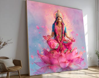 Goddess Lakshmi Canvas Print, Radiant Pink Lotus, Floral Adornments
