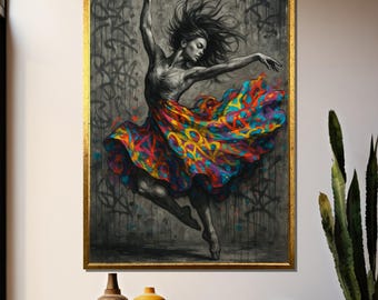 Grace in Motion: Graffiti-  Colorful Skirt on Ballerina in Expressive Urban Dance Canvas Art