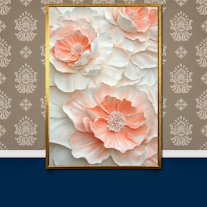 May include: A framed wall art print featuring a close-up of three large, white and peach-coloured flowers with a 3D effect.