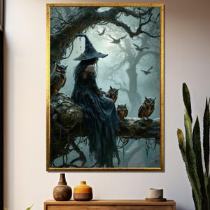 Fantasy Canvas Painting of Mysterious Witch with Owls in Enchanted Dark Forest, Gothic Wall Art Gift for Home Décor&quot;