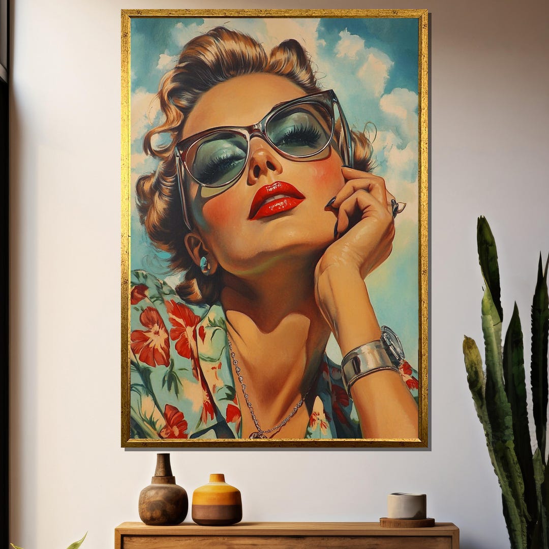 Retro Glamour Woman Canvas Painting Vintage Pin-up Style Wall Art 50s ...
