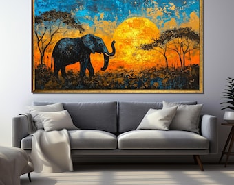 May include: A painting of an elephant silhouette walking towards a large, golden sun in a blue and orange landscape. The painting has a textured, abstract style.