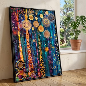 May include: Abstract art print in a black frame. The artwork features a vibrant forest scene with tall, colorful trees and circular floral elements in shades of blue, orange, yellow, and purple. The painting is displayed on a wooden floor.