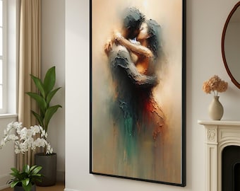 Romantic Couple Embrace Canvas, Abstract Painting, Modern Wall Decor