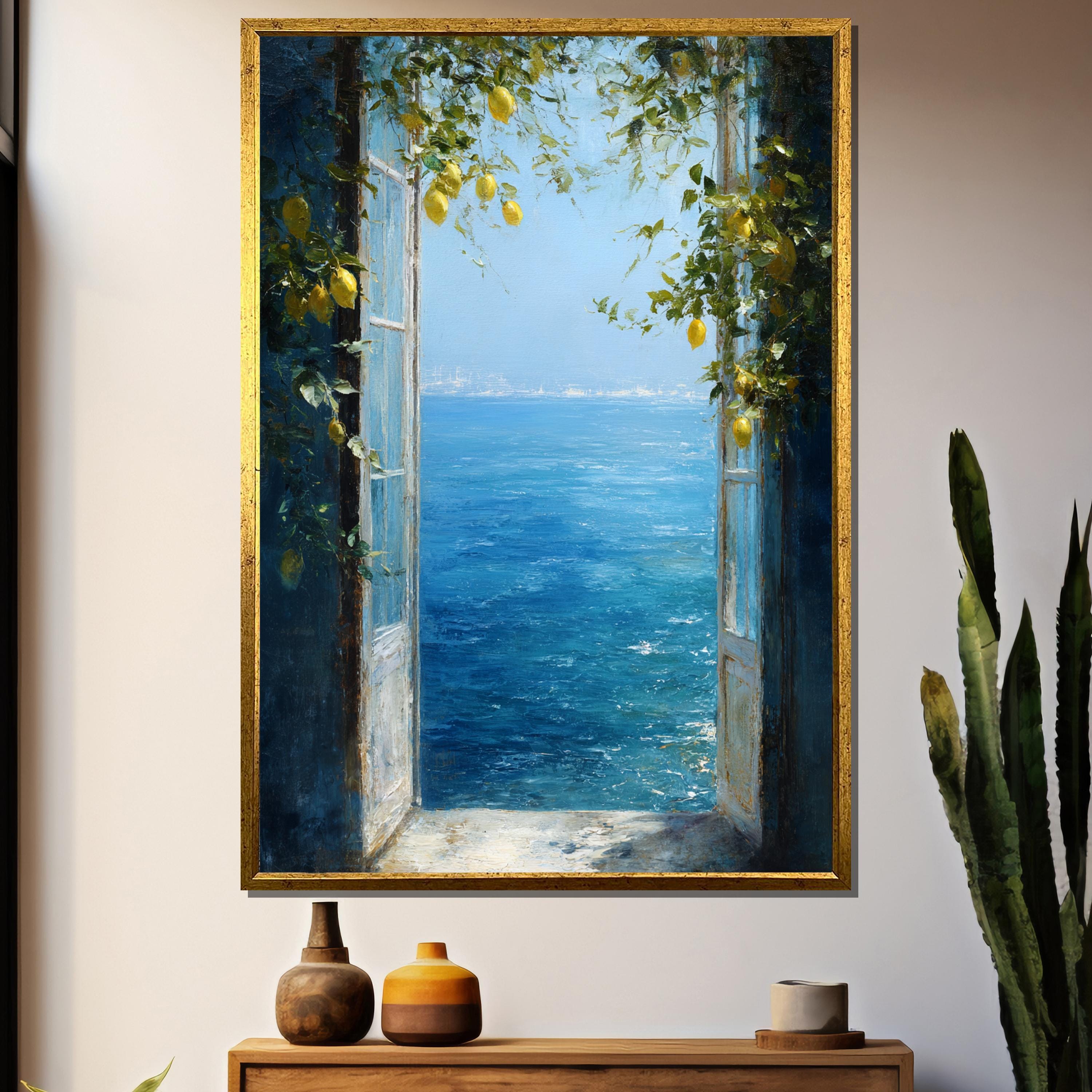 Mediterranean Lemon Canvas Print – Coastal Window Seascape Wall