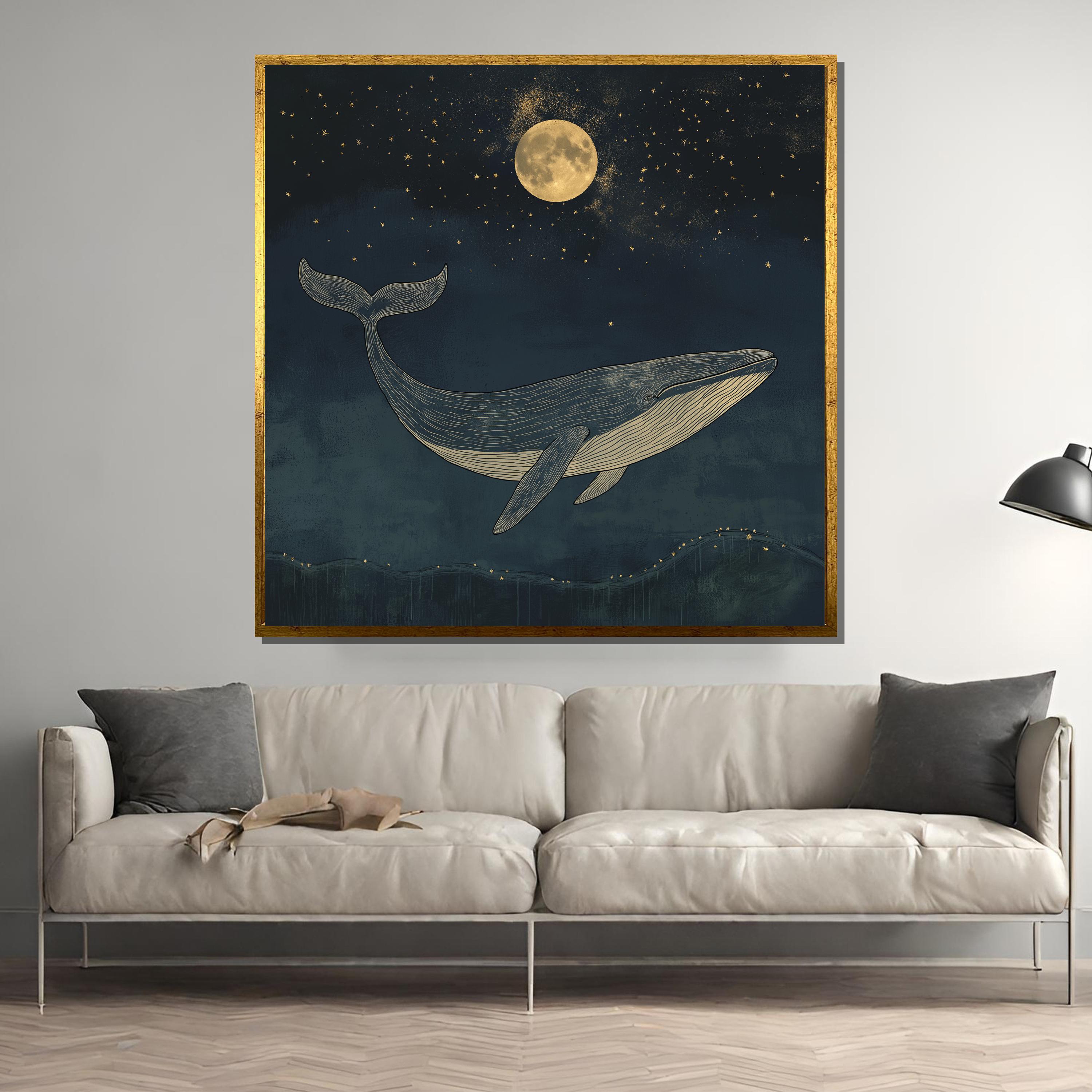 月下のクジラのキャンバスプリント – 夢のような天体ウォールアート
