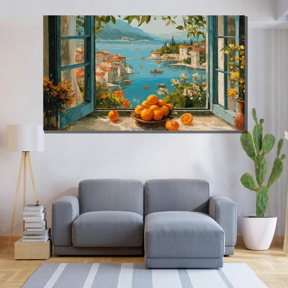 Mediterranean View Canvas Print – Coastal Oranges, Seaside Boats