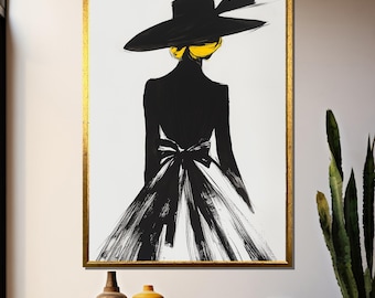 Minimalist Woman in Black Dress and Hat Canvas Painting – Elegant Fashion Art for Chic Home Decor, Perfect Gift for Style Enthusiasts5