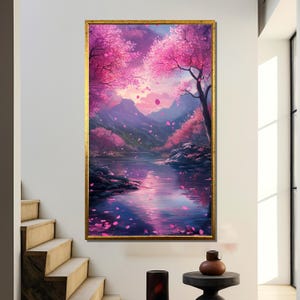 Cherry Blossom Landscape Canvas Painting, Pink Tree Wall Art, Tranquil Nature Scene, Sakura Gift for Her