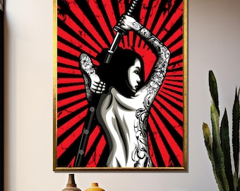 Samurai Warrior Girl Canvas Painting – Bold Japanese Art Gift for Unique Wall Décor