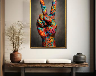 Colorful Graffiti Peace Sign Hand Canvas Painting Symbolizing Hope