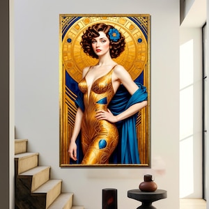 Art Deco Golden Muse: Exquisite Canvas Painting of a Glamorous Woman in Intricate Gold Gown with Blue Flower Accent - Perfect Gift
