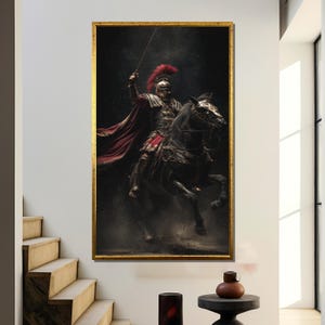 Roman Legionary on War Horse – Powerful Ancient Warrior Canvas Painting for Historical Art Gift