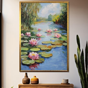 Seerosen Leinwand Gemälde, Monet inspirierte Teichszene Wandkunst, rosa Lotus Naturdekor, Blumengeschenk für Sie
