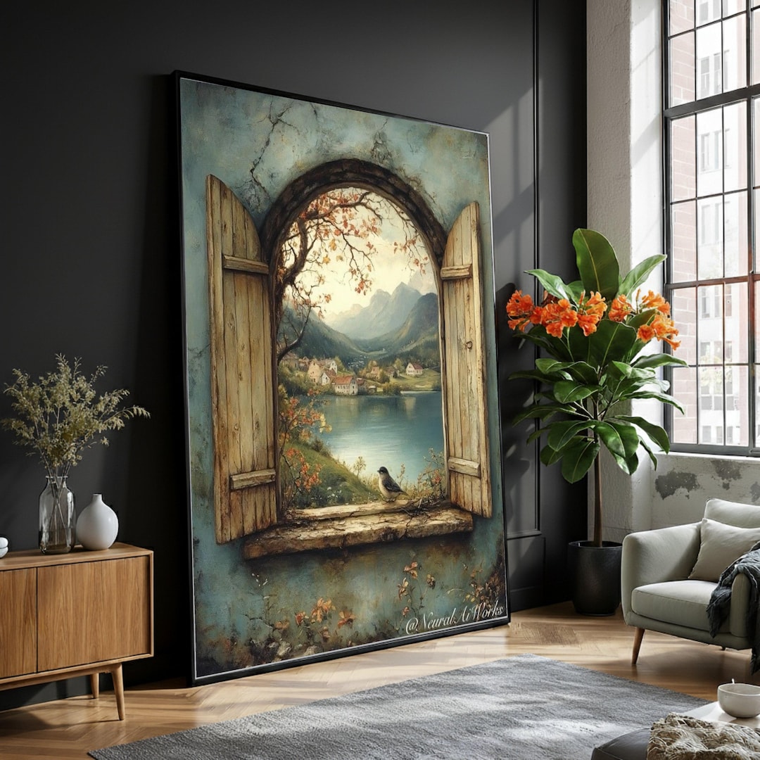 Rustic Window View Canvas, Lake Landscape Wall Art, Village and ...