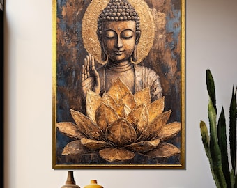 Golden Lotus Buddha Canvas Painting – Serene Zen Wall Art Gift for Spiritual Home Decor and Tranquility