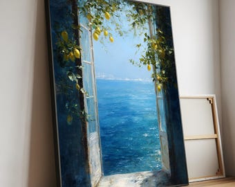 Impressão em tela de limão mediterrâneo – Arte de parede com paisagem marítima e janela costeira