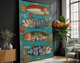 May include: A large, framed artwork featuring four stylized fish painted on a turquoise background. Each fish is uniquely decorated with intricate patterns and vibrant colors, including red, blue, and green. Floral accents surround the fish, enhancing the decorative appeal.