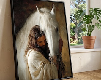 Serene Embrace of Man and White Horse Canvas, Spiritual Animal Connection Wall Art, Rustic Farmhouse Decor, Nature Canvas Painting, Ready to