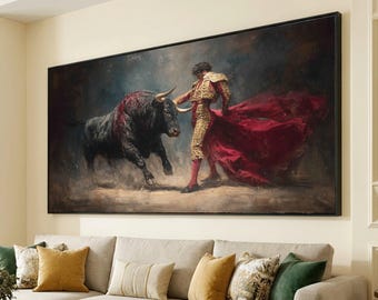 Dramatic Bullfight Scene Canvas Wall Art, Matador and Bull Painting, Spanish Culture Canvas, Fiery Red Cape Artwork, Home Decor Canvas Print