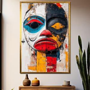 Tribal Mask Canvas Painting, Abstract Indigenous Art, Tlingit Inspired Wall Decor, Spiritual Ethnic Artwork, Bold Cultural Statement Gift