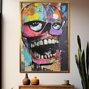 Graffiti Skull Canvas Painting, Abstract Street Art Wall Decor, Vibrant Pop Art Expressionist Print, Edgy Urban Style Gift