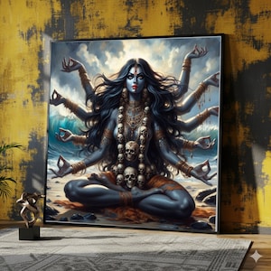Puede incluir: Impresión enmarcada de una deidad de múltiples brazos con piel azul, sentada en meditación en una playa. La obra de arte presenta un collar de calaveras y cabello oscuro y fluido. El fondo muestra un mar tormentoso y un cielo nublado.