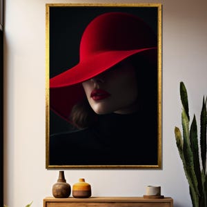 Minimalist Portrait Canvas Painting of Woman in Red Hat – Chic and Elegant Fashion Statement – Perfect Gift for Modern Art Lovers