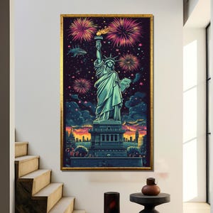 Statue of Liberty Canvas Painting, Fireworks New York Art, Patriotic Wall Decor, Vibrant Independence Day Artwork, Gift for USA Lovers