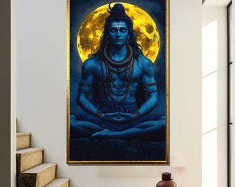 Lord Shiva meditiert unter Vollmond - Göttliches Yoga Leinwand Gemälde für Meditationsraum und spirituelles Geschenk