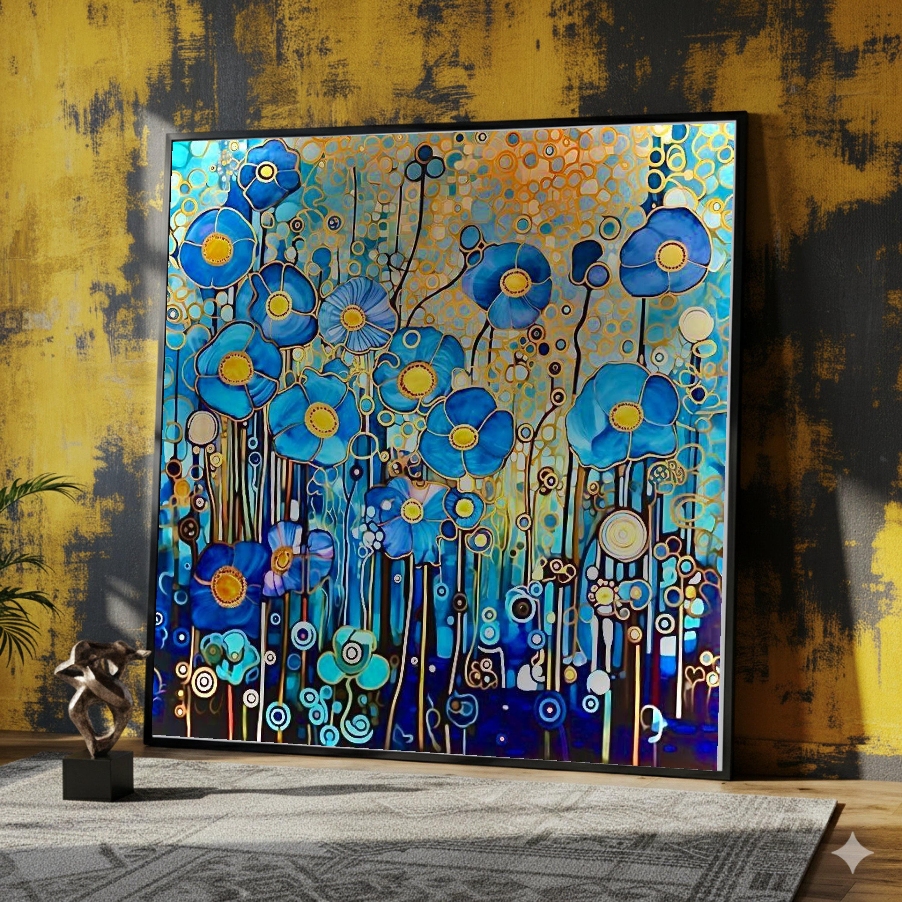 Blue Floral Canvas Wall Art, Gustav Klimt Modern Decorative