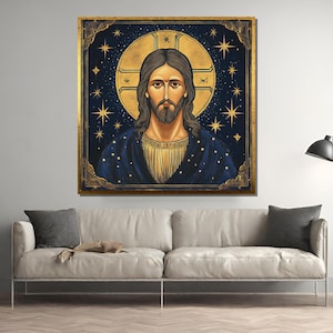 Byzantine Icon of Jesus Christ Canvas Painting – Traditional Christian Wall Art, Sacred Religious Gift with Gold and Blue Tones