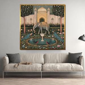 Mughal Style Elephant and Peacock Canvas Painting – Traditional Indian Wall Art, Exotic Cultural Gift for Elegant Home Decor