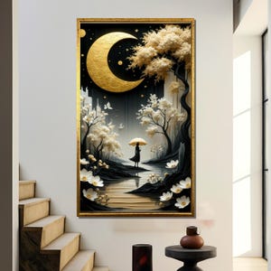 Golden moonlit night with woman holding umbrella – dreamy surreal canvas painting with flowers and stars, perfect gift