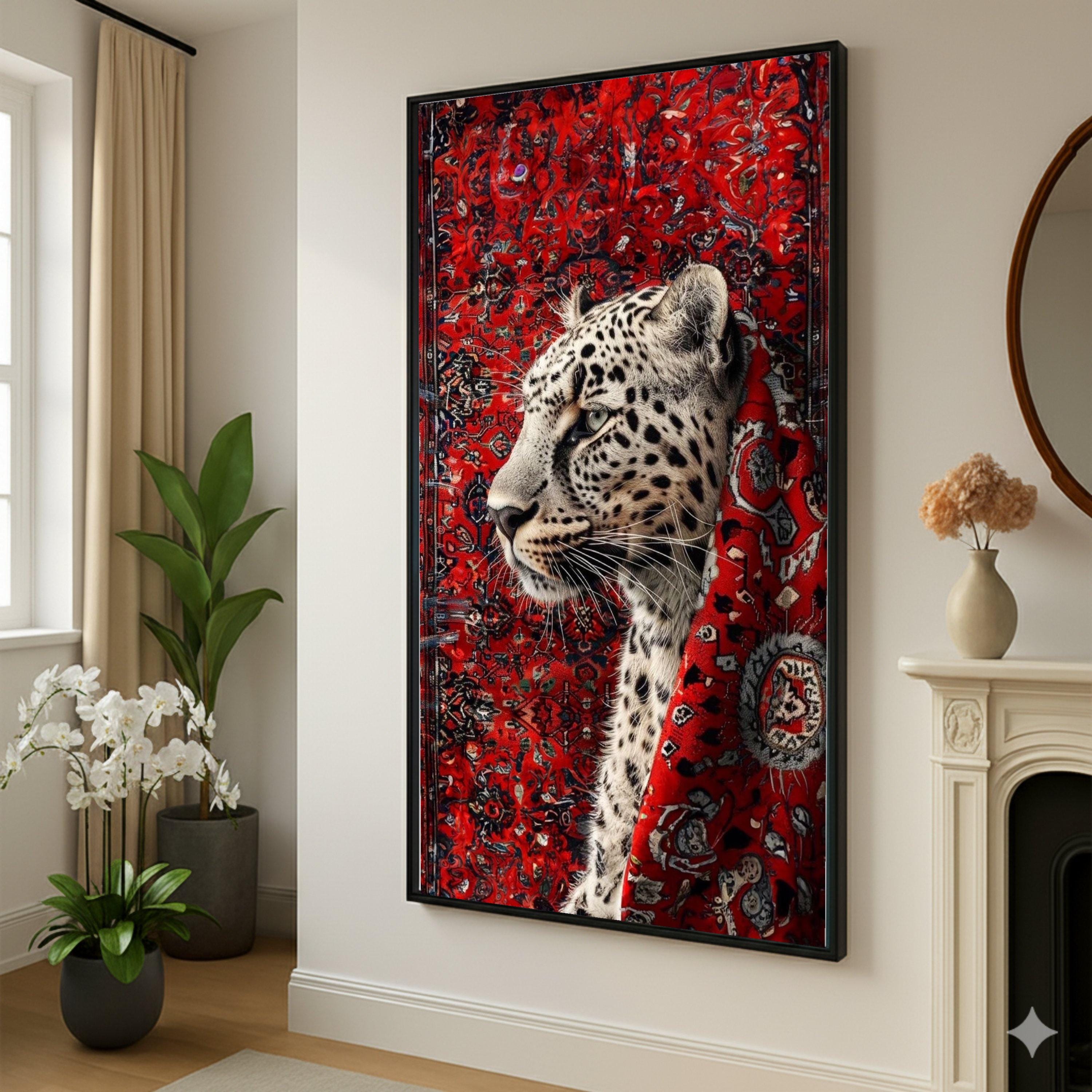 Leopard Portrait Canvas Art, Red Persian Rug, Exotic Wildlife