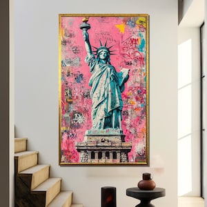 Statue of Liberty Graffiti Canvas Painting, Pink Urban Street Art, Modern Pop Art Print, New York Wall Decor, Bold Gift Idea