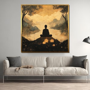 Serene Buddha Meditation Landscape Art Print, Golden Lotus River Scene Wall Decor, Peaceful Zen Home Gift for Spiritual and Calm Vibes