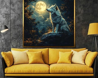 Einsamer Wolf Gemälde – Majestätisches Vollmondnacht Geschenk für Natur- und Wildtier Kunst Enthusiasten