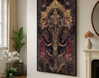 Ornate Elephant Mandala Canvas, Indian Elephant Wall Art, Spiritual Animal Decor, Bohemian Home Canvas, Ganesha Design