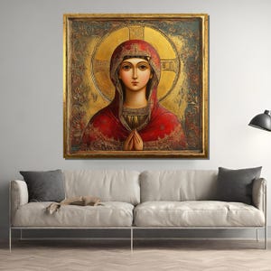 Virgin Mary Icon Canvas Painting – Traditional Byzantine Christian Religious Wall Art, Sacred Spiritual Gift with Gold Accents