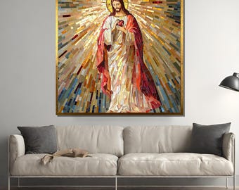 Sacred Heart of Jesus Mosaic Canvas – Religious Art, Christian Decor