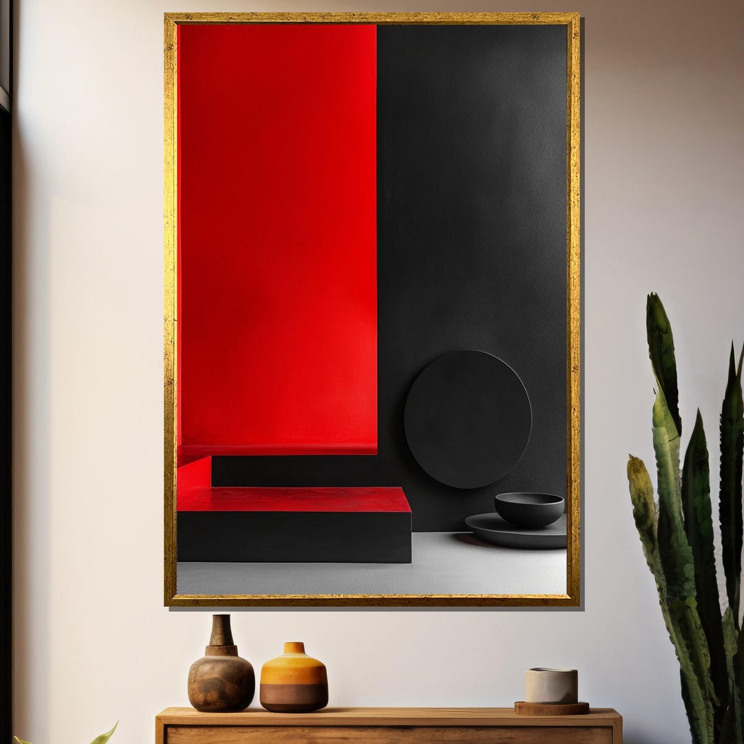 Minimalist Red and Black Canvas Painting Modern Abstract Wall Art ...