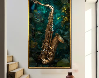 Ornate Gold Saxophone Canvas Painting – Lush Jungle Scene with Peacock, Perfect Music Lover&#39;s Art Gift for Jazz Enthusiasts