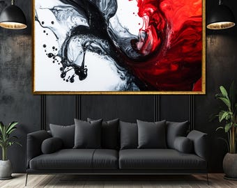 Schwarze und rote Fluid Art Leinwand - Modernes mutiges Dekor