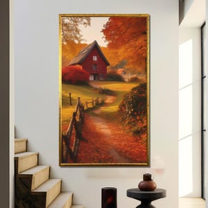 Charming red cottage in golden autumn forest – rustic countryside canvas painting, cozy seasonal home decor gift