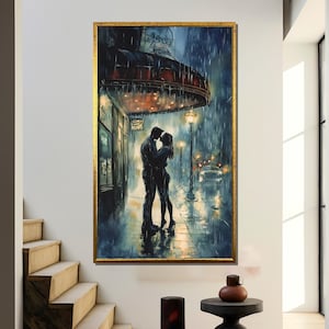 雨の中の情熱的なキス - 水彩画の恋人たちの抱擁キャンバス絵画、彼または彼女への完璧なロマンチックな贈り物