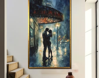 Passionate Kiss in the Rain – Watercolor Lovers&#39; Embrace Canvas Painting, Perfect Romantic Gift for Him or Her
