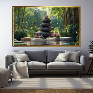 Zen Garden Stones with Flowers Canvas Painting, Tropical Serenity Wall Art, Peaceful Nature Gift for Home and Spa Decor