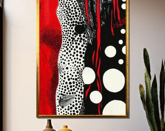 Yayoi Kusama Style Leinwanddruck, Rot Schwarz Weiss Tupfen Art